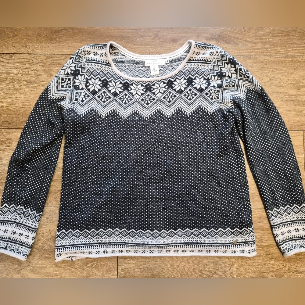 H&M LOGG Fair Isle Knit Sweater L Gray White Snowflake Nordic Pattern Pullover